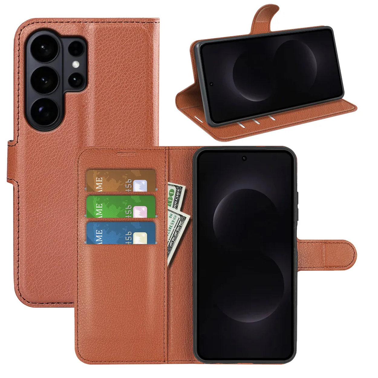 Étui portefeuille en cuir marron avec trois emplacements pour cartes, argent et téléphone.