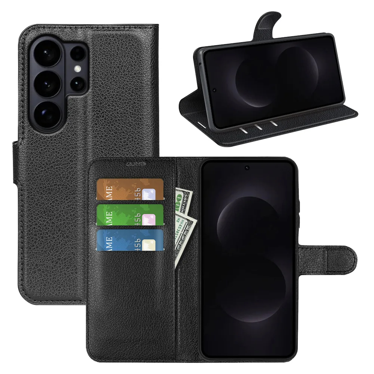 Zwarte leren telefoonhoes met kaartsleuven, geld en telefoonweergave.
