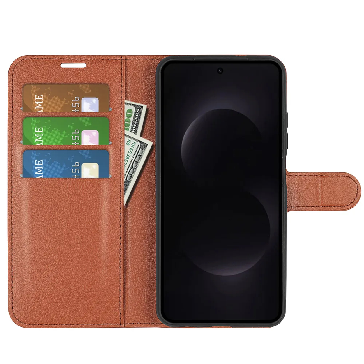 Étui de téléphone marron avec fentes pour cartes, billet et smartphone.