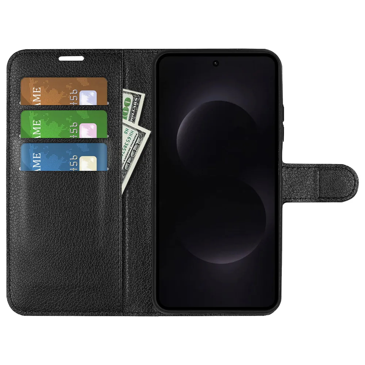 Zwarte leren flipcase met drie kaarthouders, bankbiljetten en een smartphone.