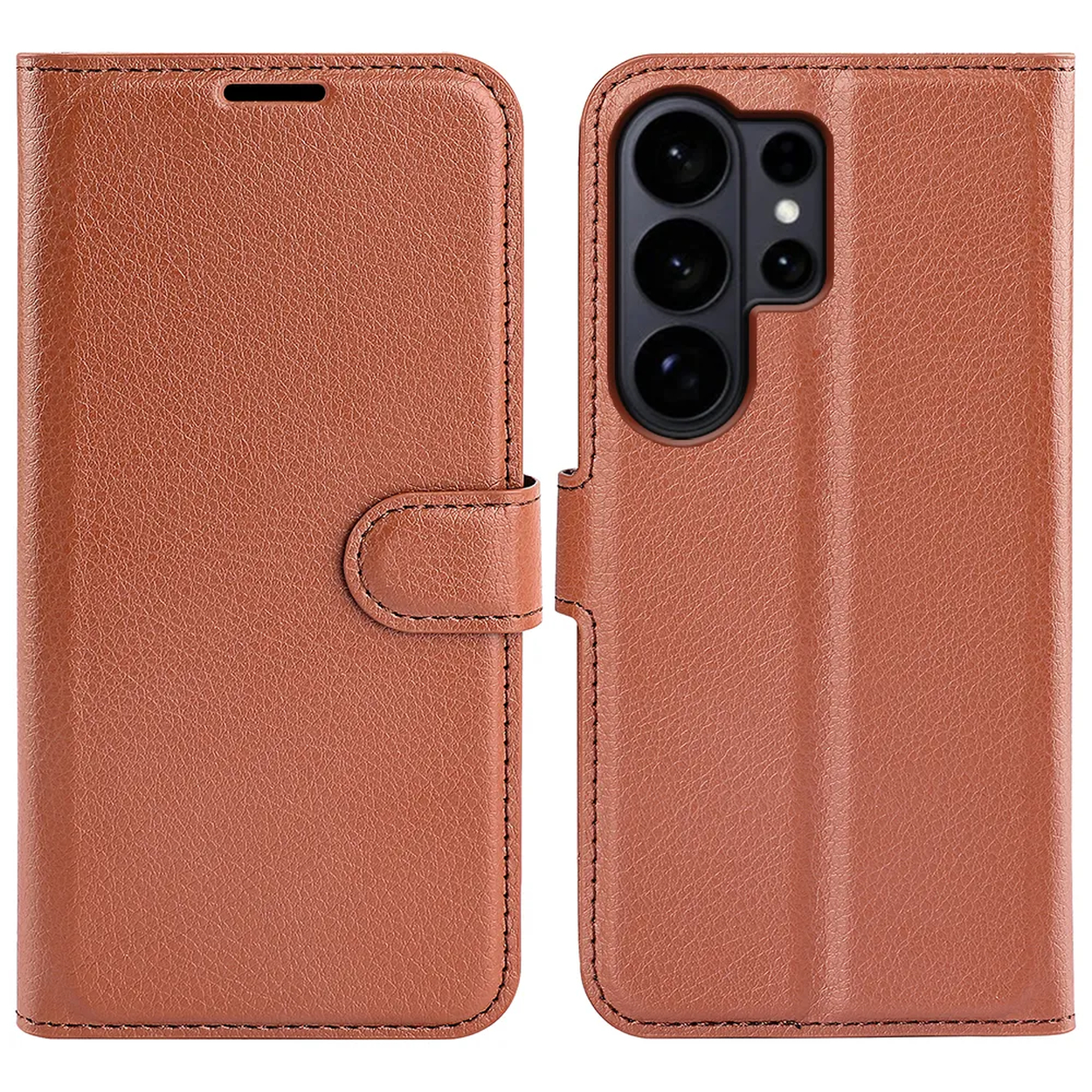 Étui de téléphone en cuir marron avec rabat ouvert et objectifs