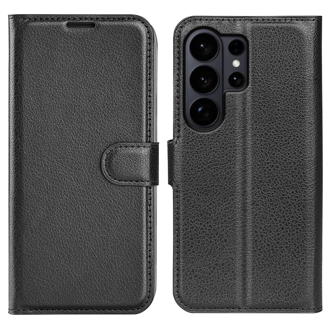 Zwart leren flip telefoonhoesje met camera-opening en magneetsluiting.