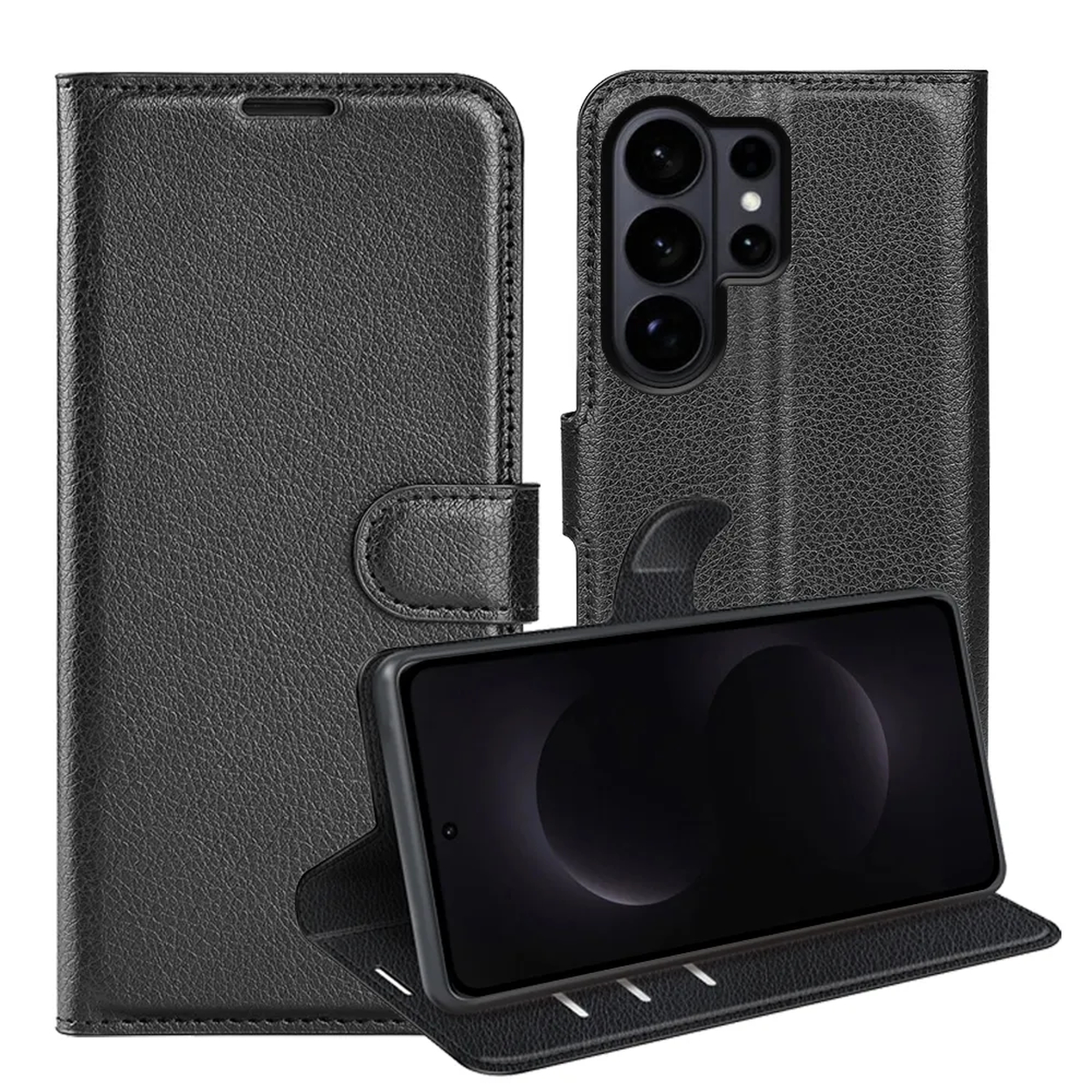 Zwarte lederen flip case met telefoon en cameramodule.