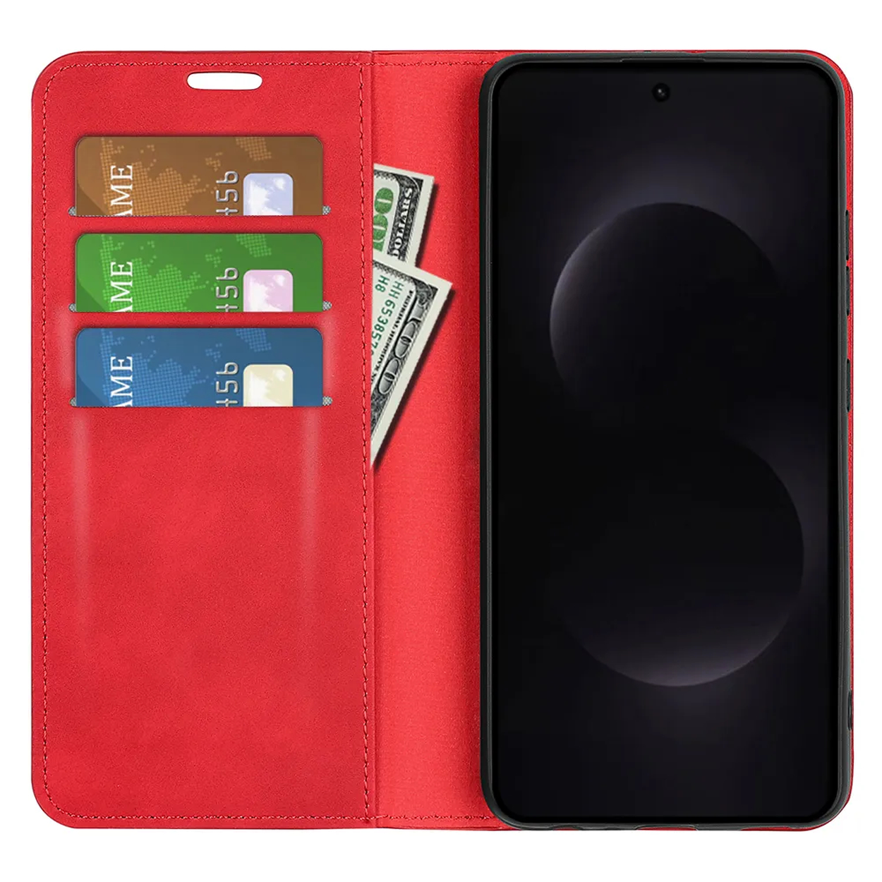 Rode telefoonhoes met kaartsleuven en bankbiljetten naast zwart scherm.