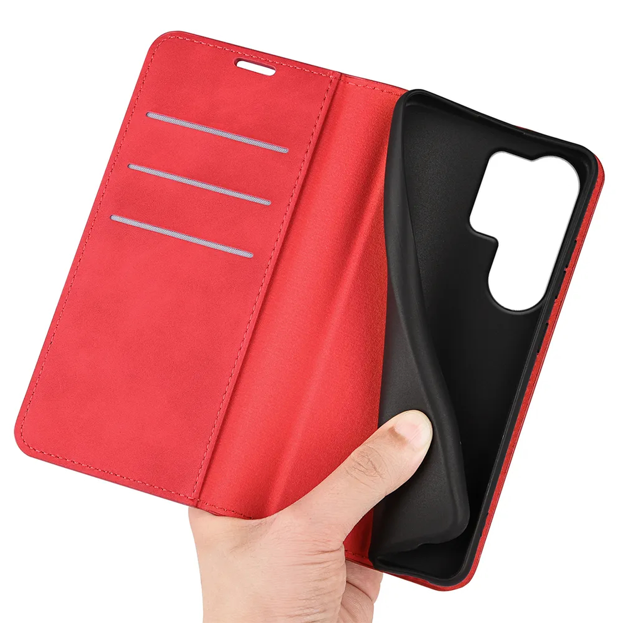 Rode flip case met zwart inzetstuk, vastgehouden door een hand.