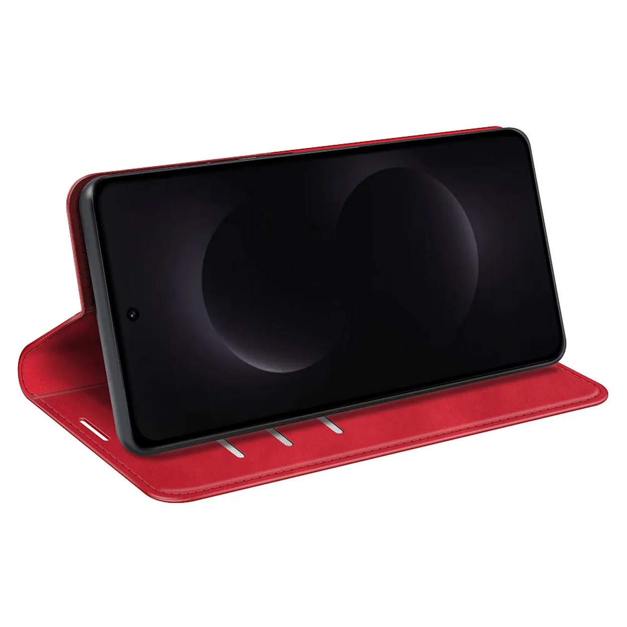 Rode flip telefoonhoes met een smartphone erin.