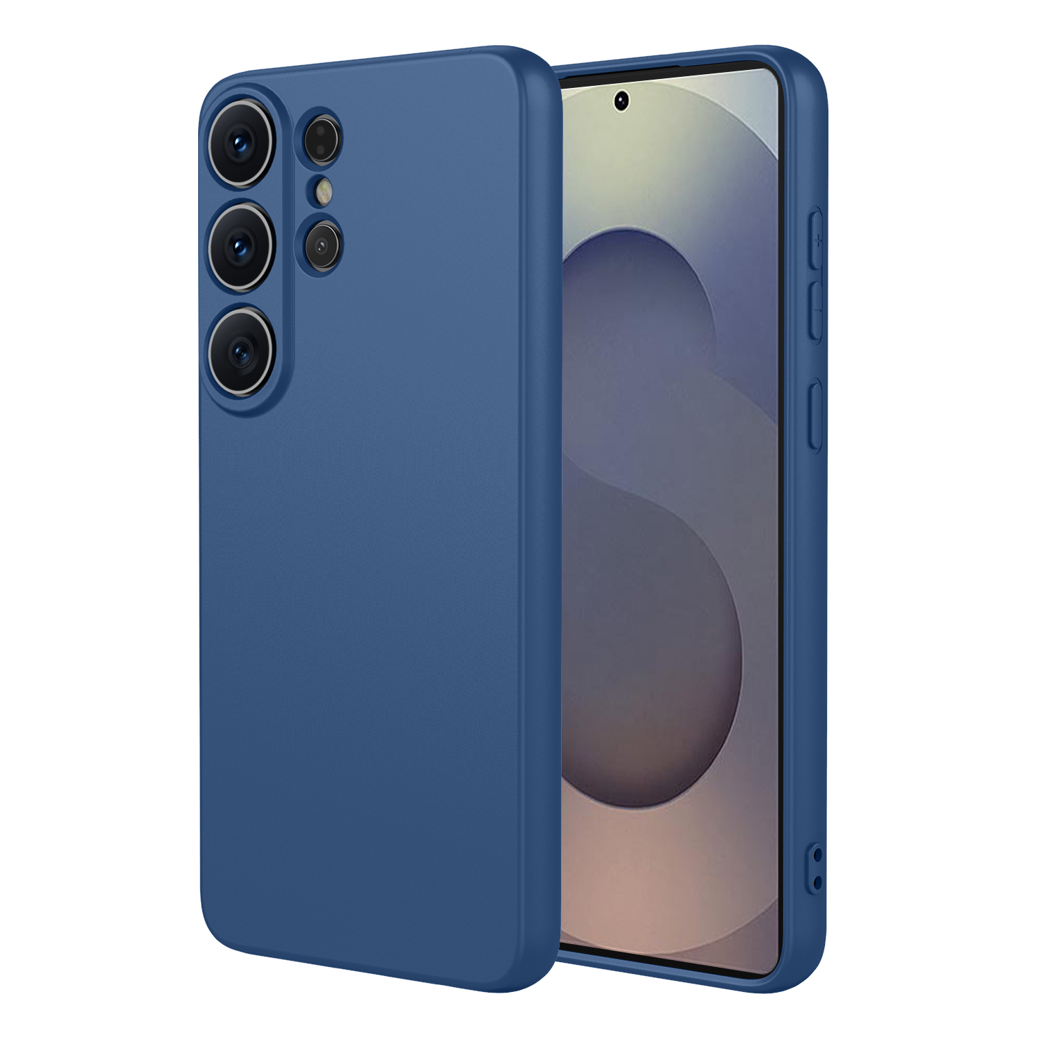 Coque de téléphone bleue avec trois objectifs, à côté d'un smartphone à écran lumineux.
