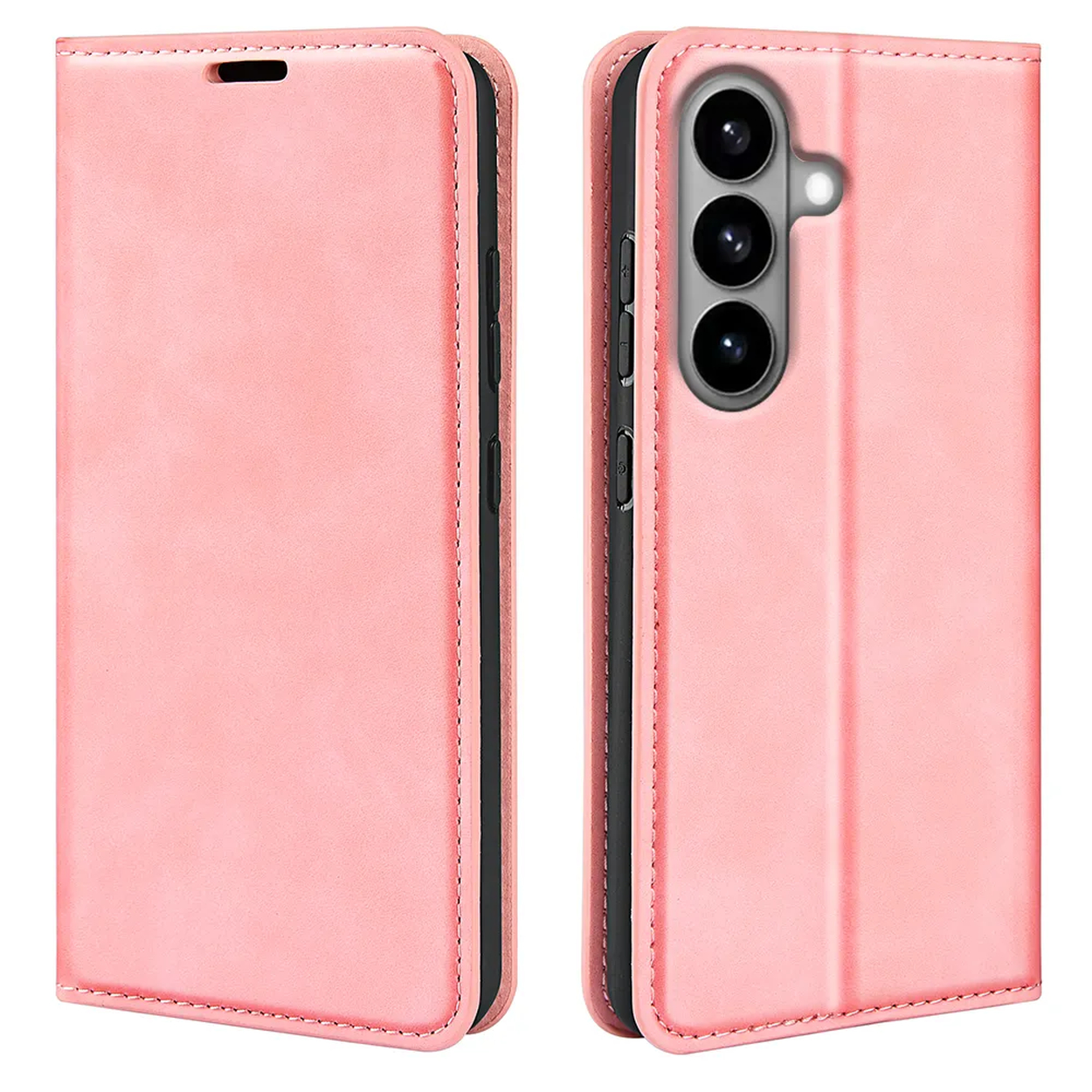Een roze leren flip telefoonhoesje, van voren en zijkant getoond.