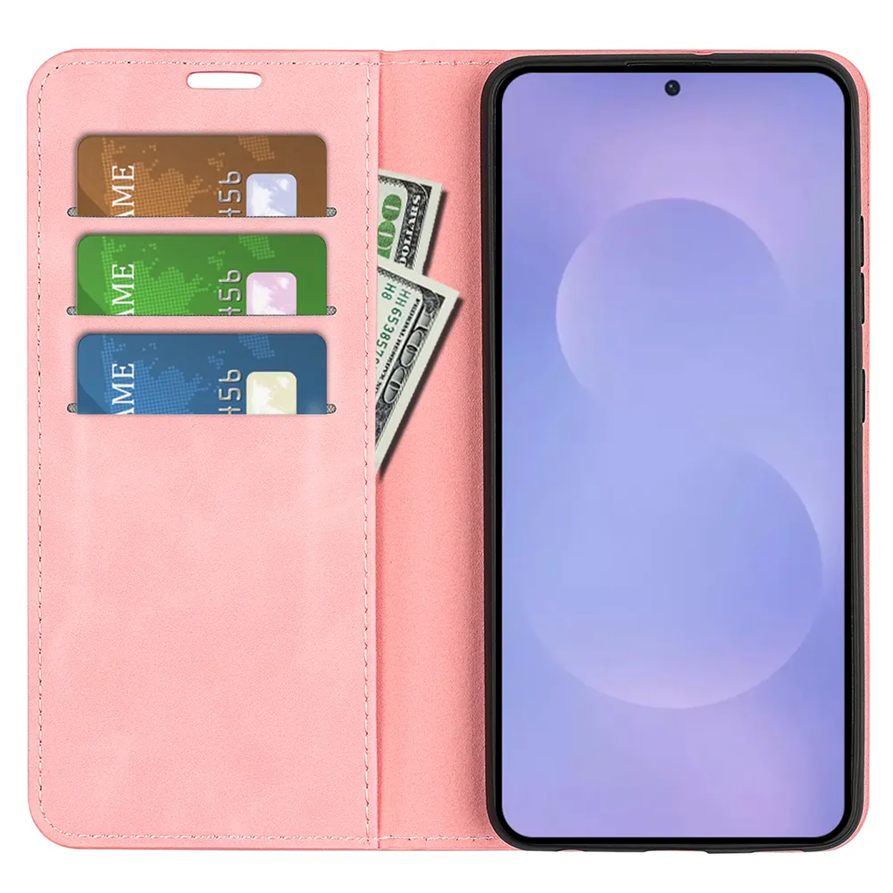 Roze telefoonhoes met kaartsleuven en contant geld, naast een telefoon.