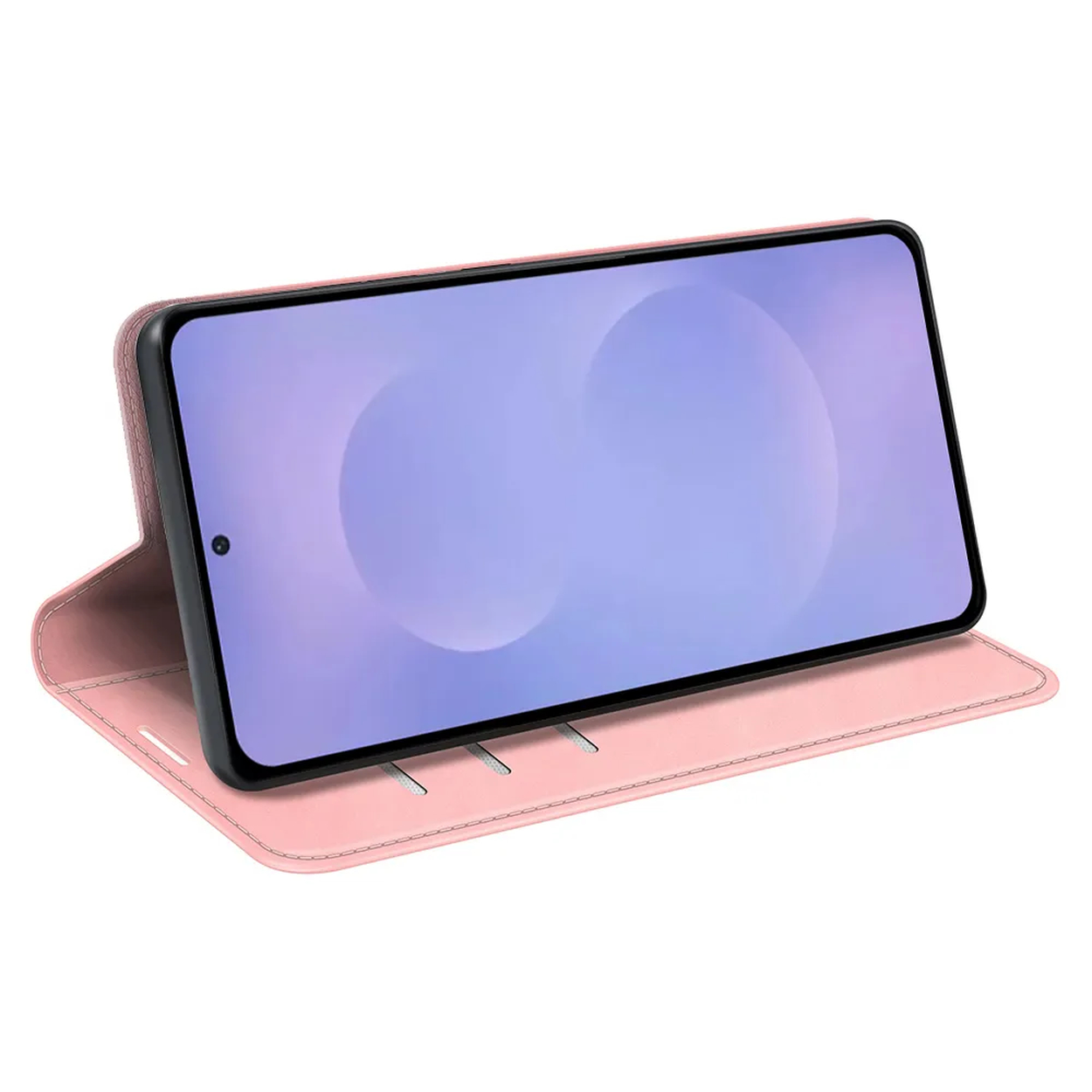 Een roze telefoonhoes met een rechtopstaande smartphone.