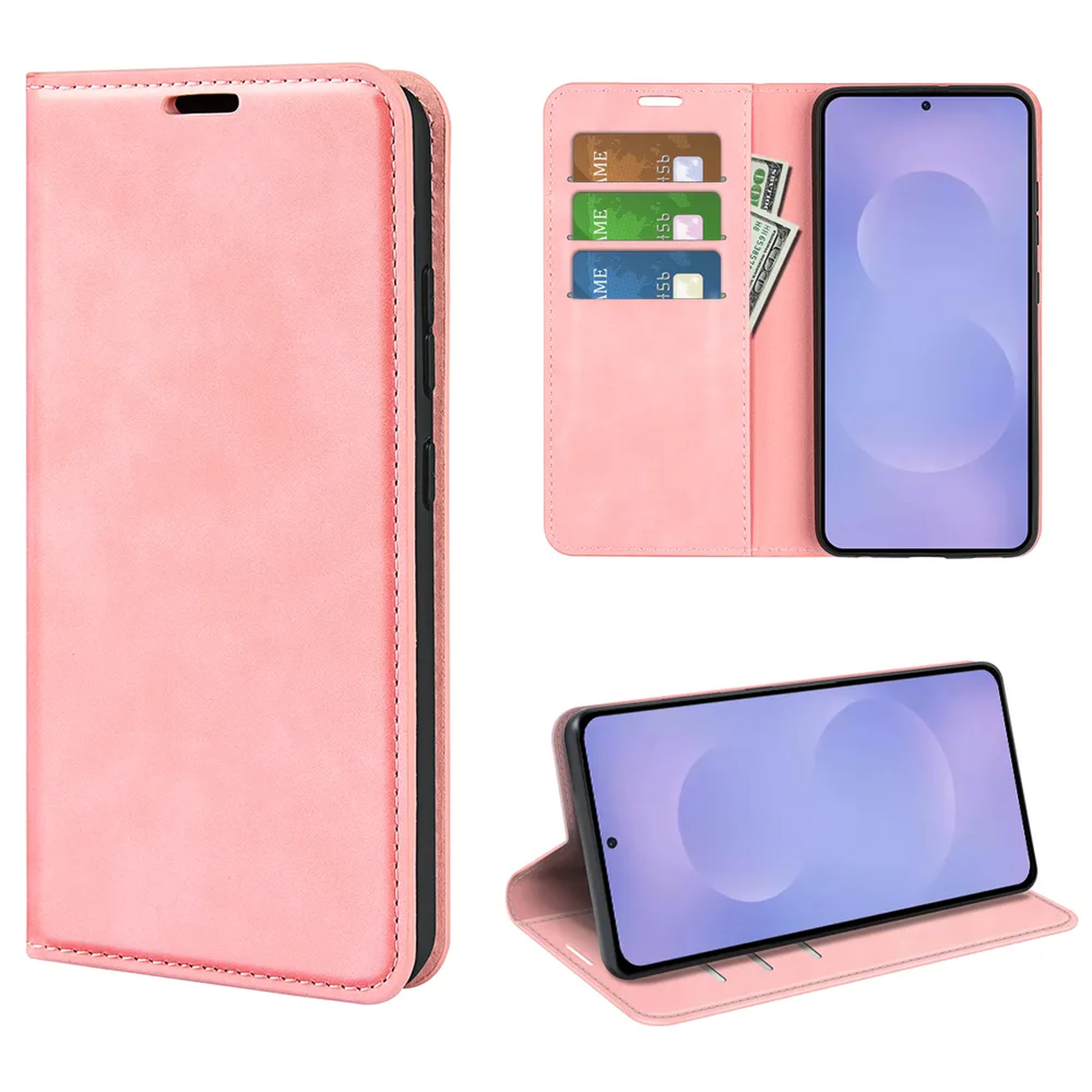 Een roze flip telefoonhoesje met kaartsleuven en een bankbiljet.