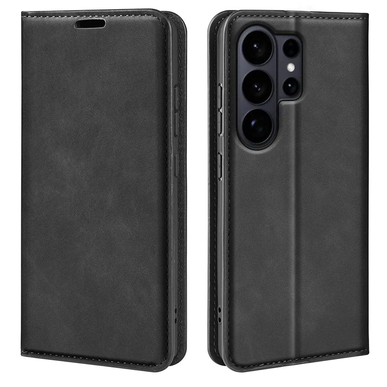 Zwarte lederen telefoonhoes, open, met zichtbare cameramodule.