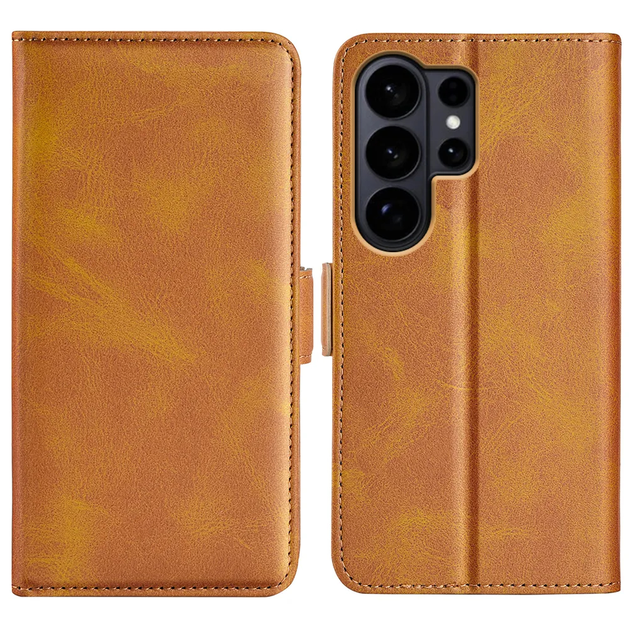 Étui de téléphone en cuir marron ouvert, montrant les caméras et la fermeture.