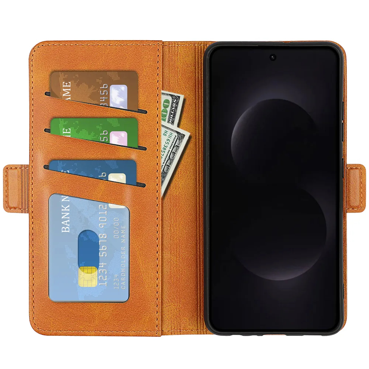 Un étui à rabat en cuir marron avec plusieurs fentes pour cartes, de l'argent et un smartphone.