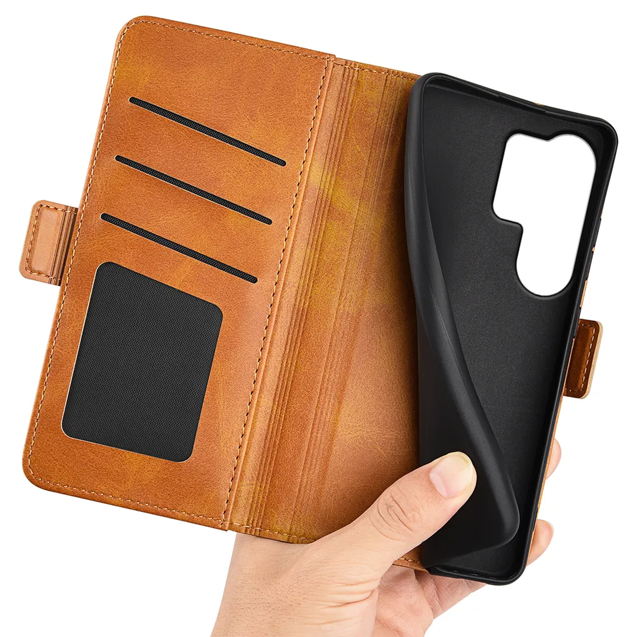 Étui portefeuille en cuir marron pour téléphone avec emplacements.