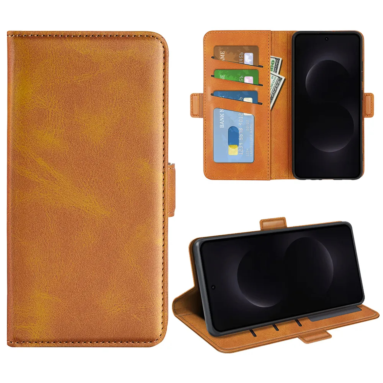 Étui de téléphone en cuir marron avec fentes pour cartes et téléphone, ouvert et fermé.