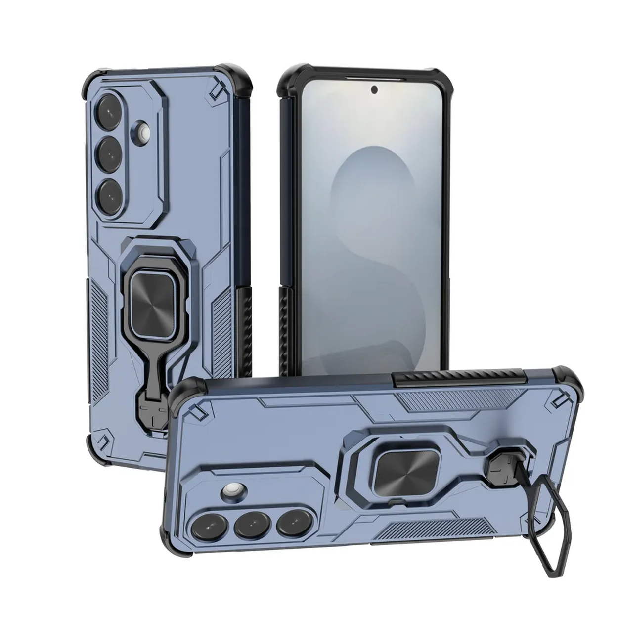 Blauwe telefoonhoesjes set met ringhouder, voor en achter getoond.