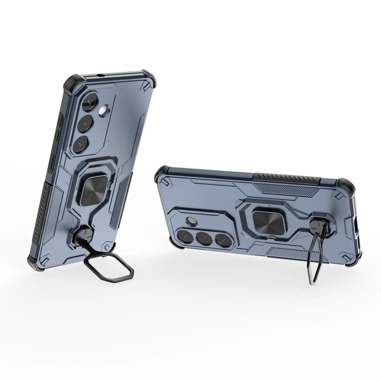 Twee blauwe telefoonhoesjes met ringhouders, witte achtergrond