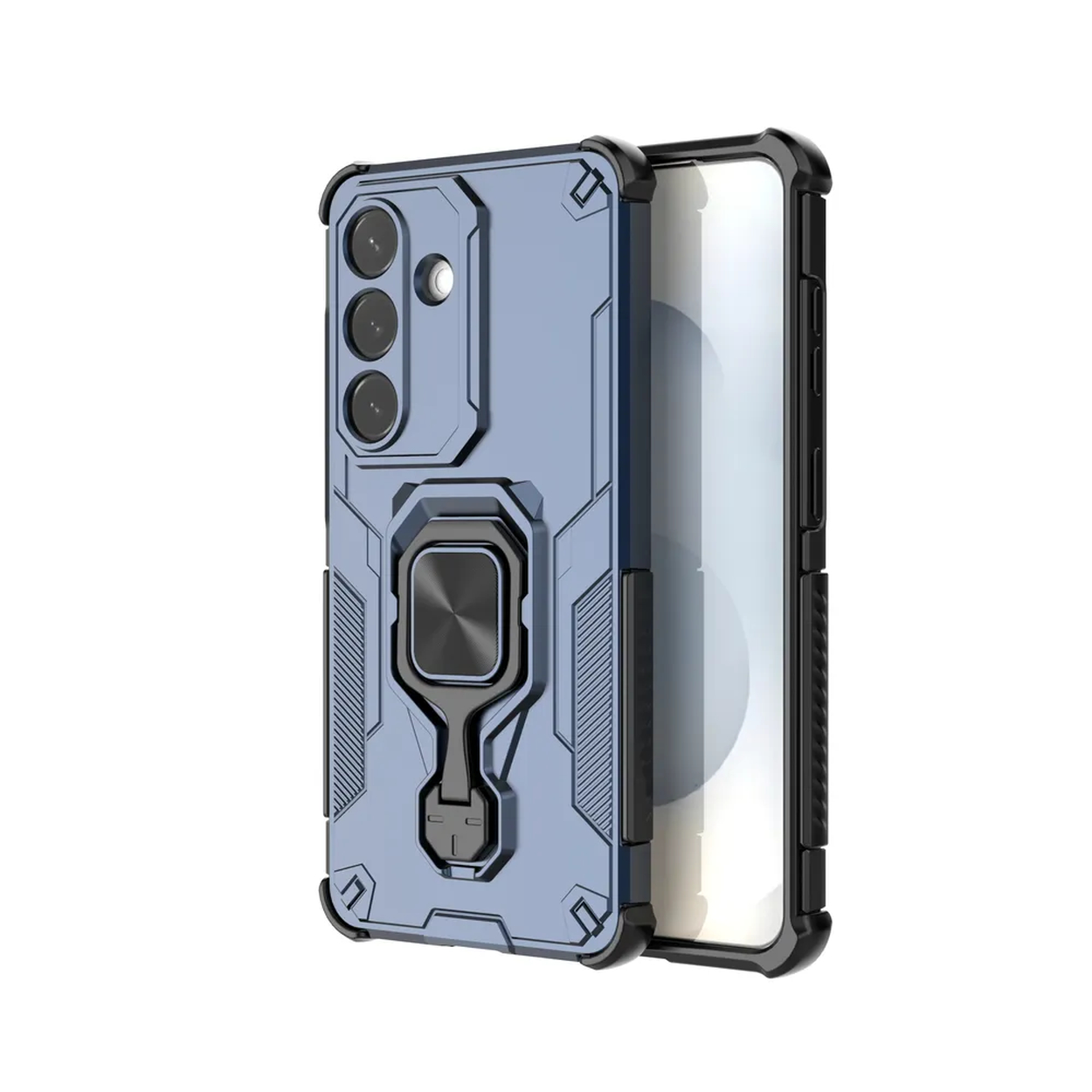 Blauw telefoonhoesje met ringhouder en cameradekking. Witte achtergrond.