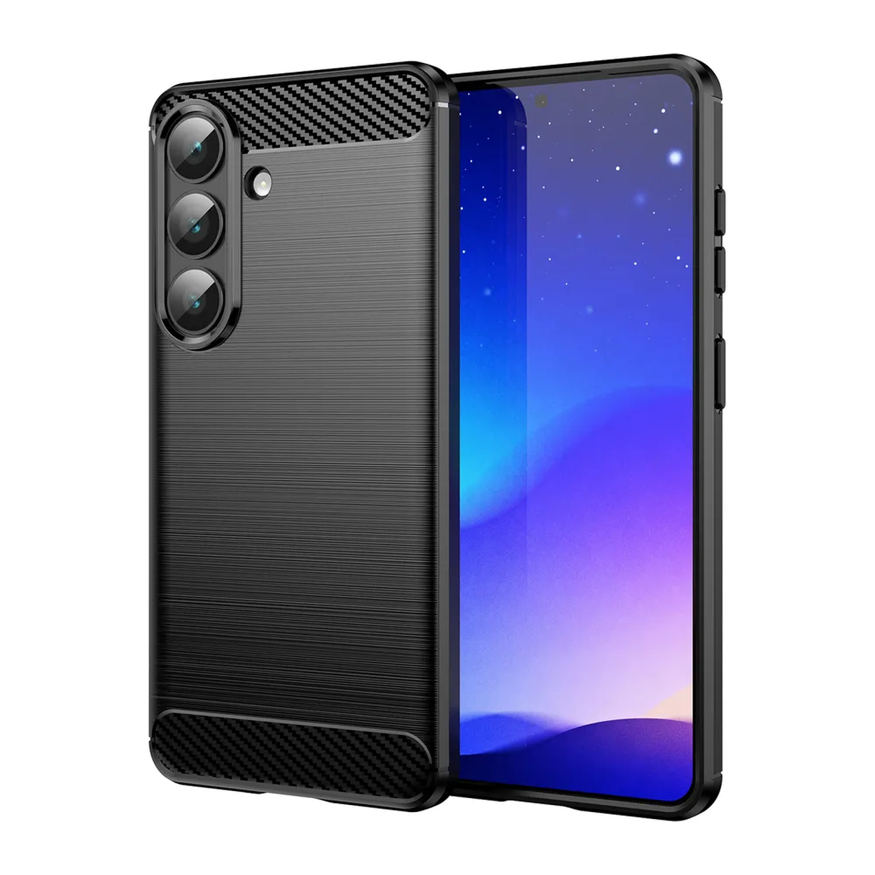 Téléphone noir avec triple appareil photo et dos texturé. L'écran montre un ciel étoilé bleu.