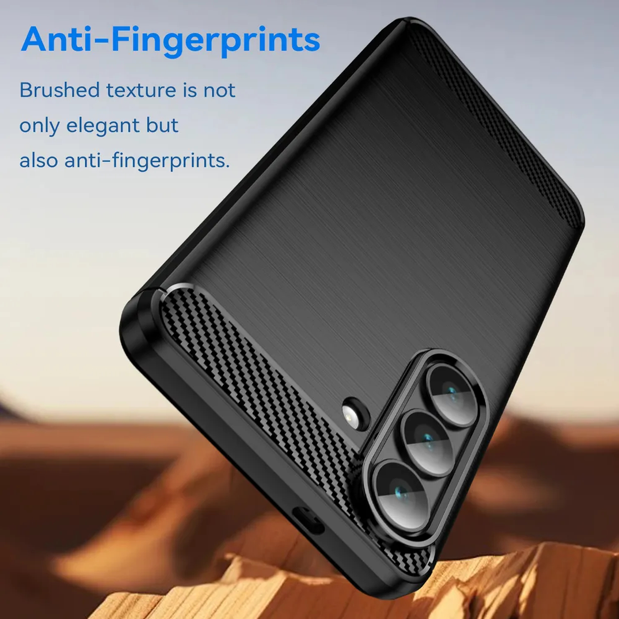 Coque de téléphone noire avec texture brossée et accents en fibre de carbone.