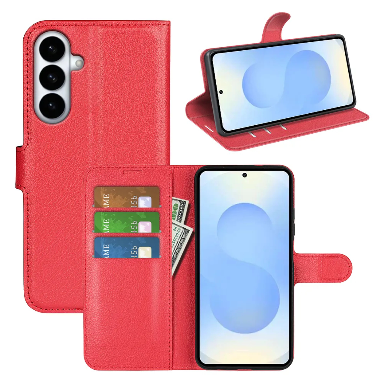 Rood lederen telefoonhoesje met kaartsleuven, geldhouder en telefoondisplay.