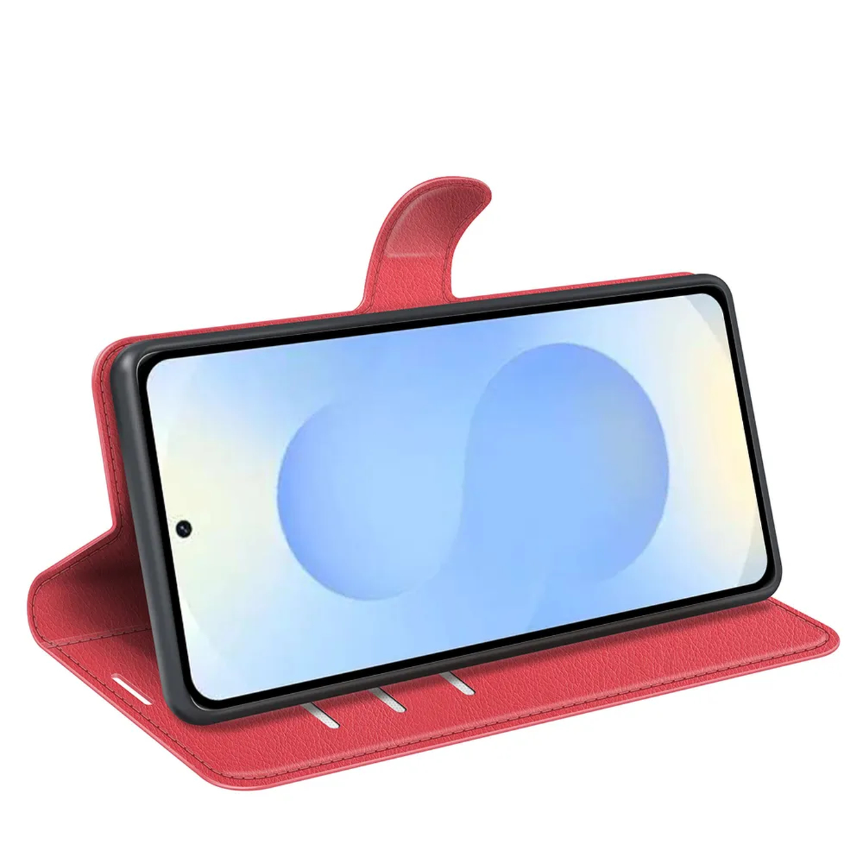 Rood leren telefoonhoesje met smartphone en blauw abstract scherm.