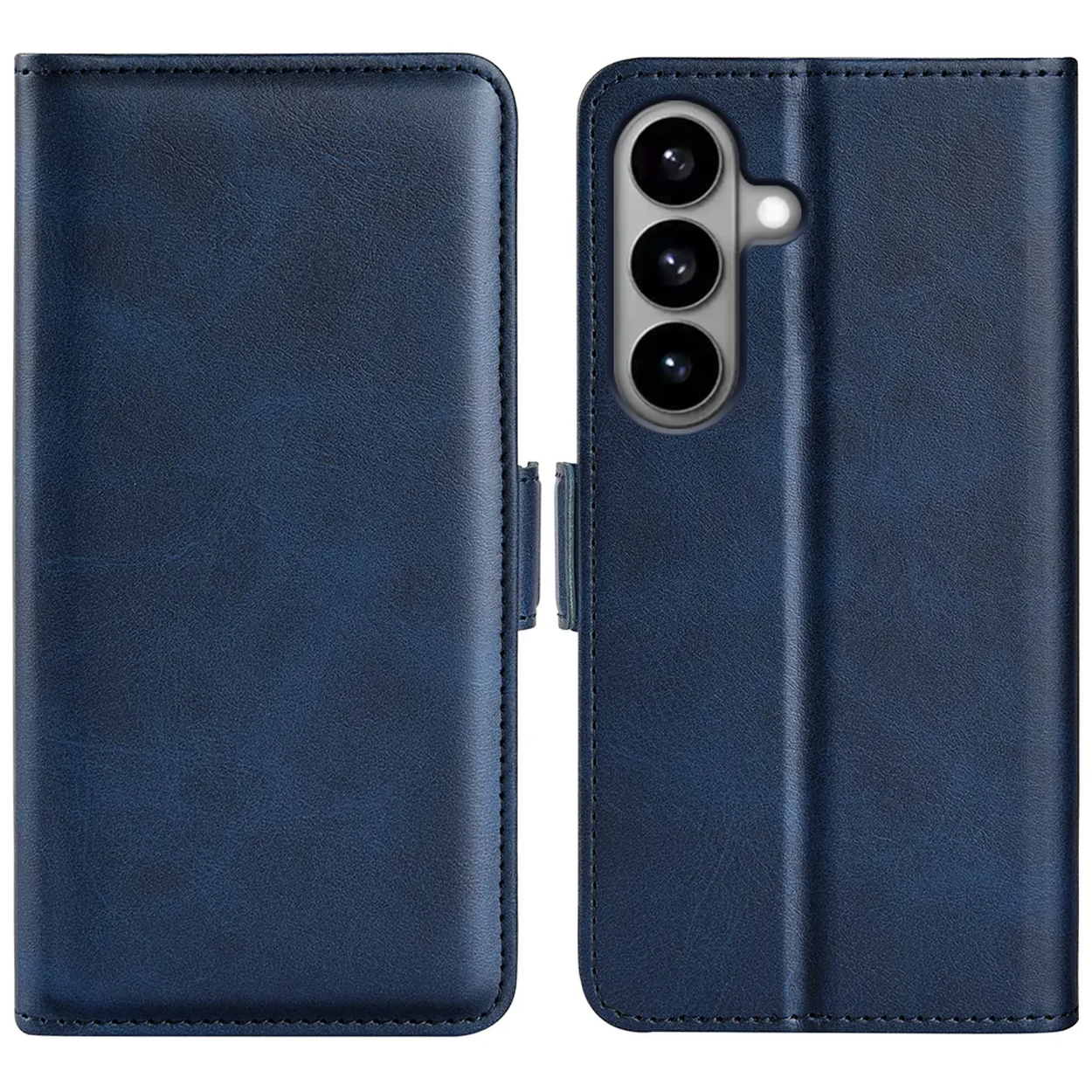 Blauw leren telefoonhoesje met cameragat en sluiting.