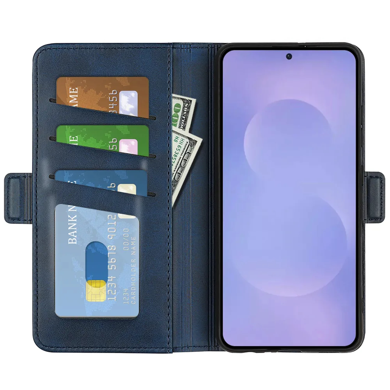 Blauw portemonneehoesje met creditcards en contant geld, houdt een smartphone met lichtpaars scherm vast.