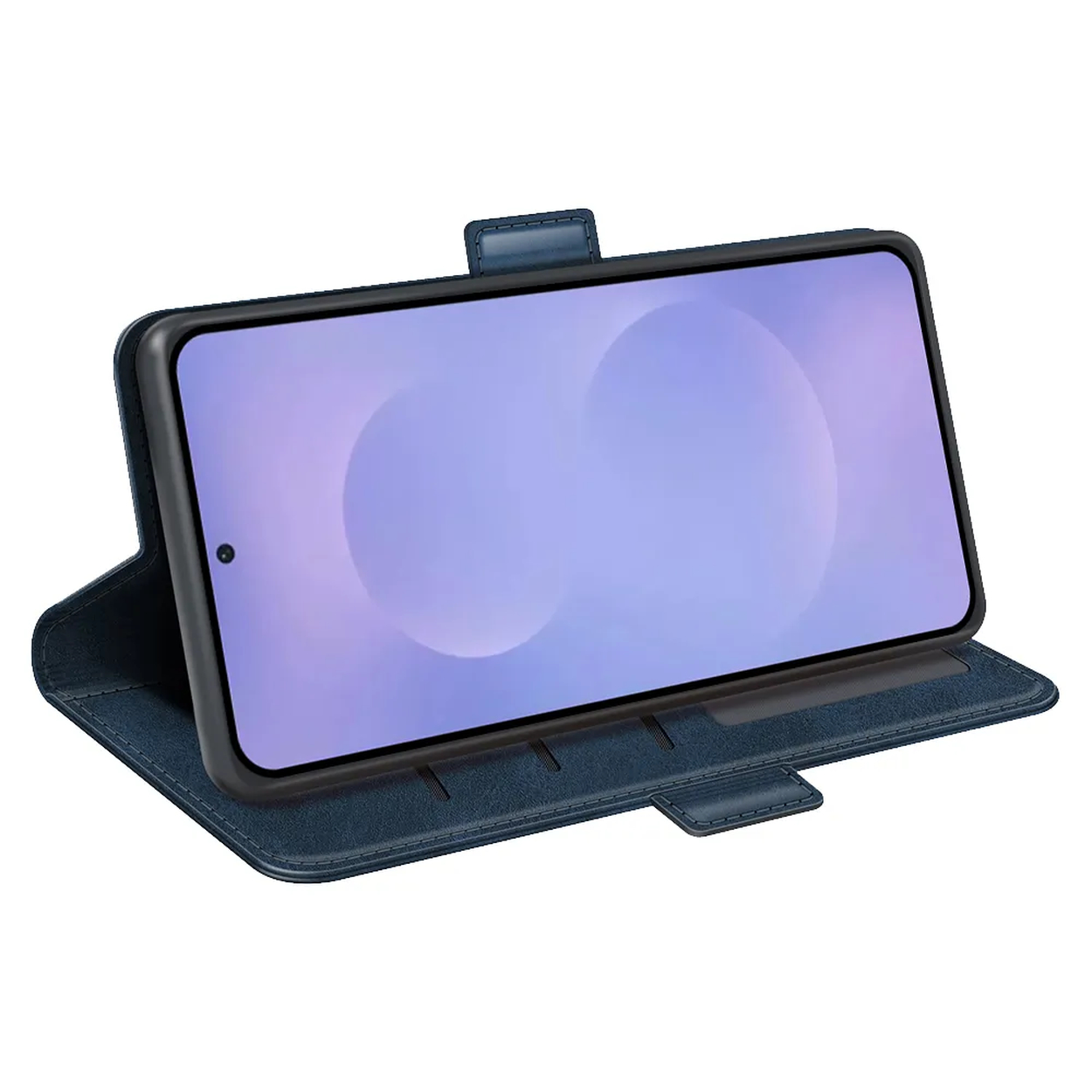 Een blauwe telefoon in een flipcase met een leeg scherm.