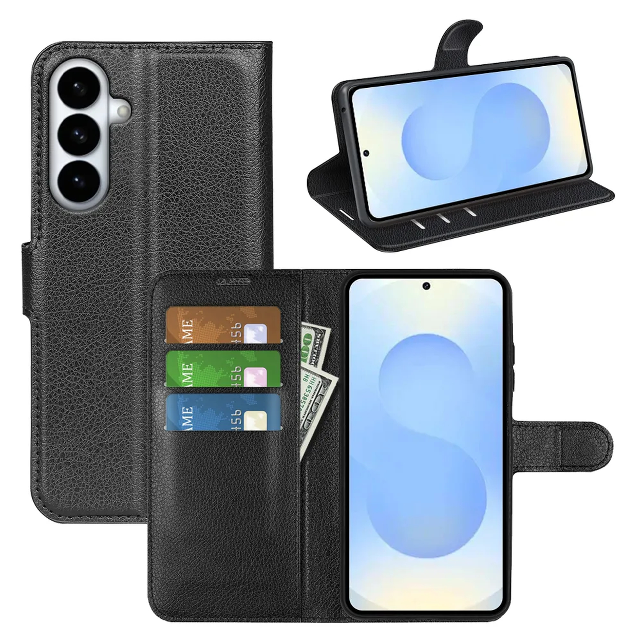 Zwarte lederen telefoon flipcase met kaartsleuven en geldvak.