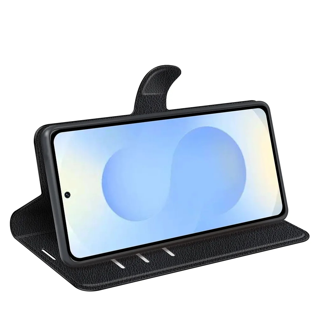 Zwarte leren flipcase met een smartphone rechtopstaand.