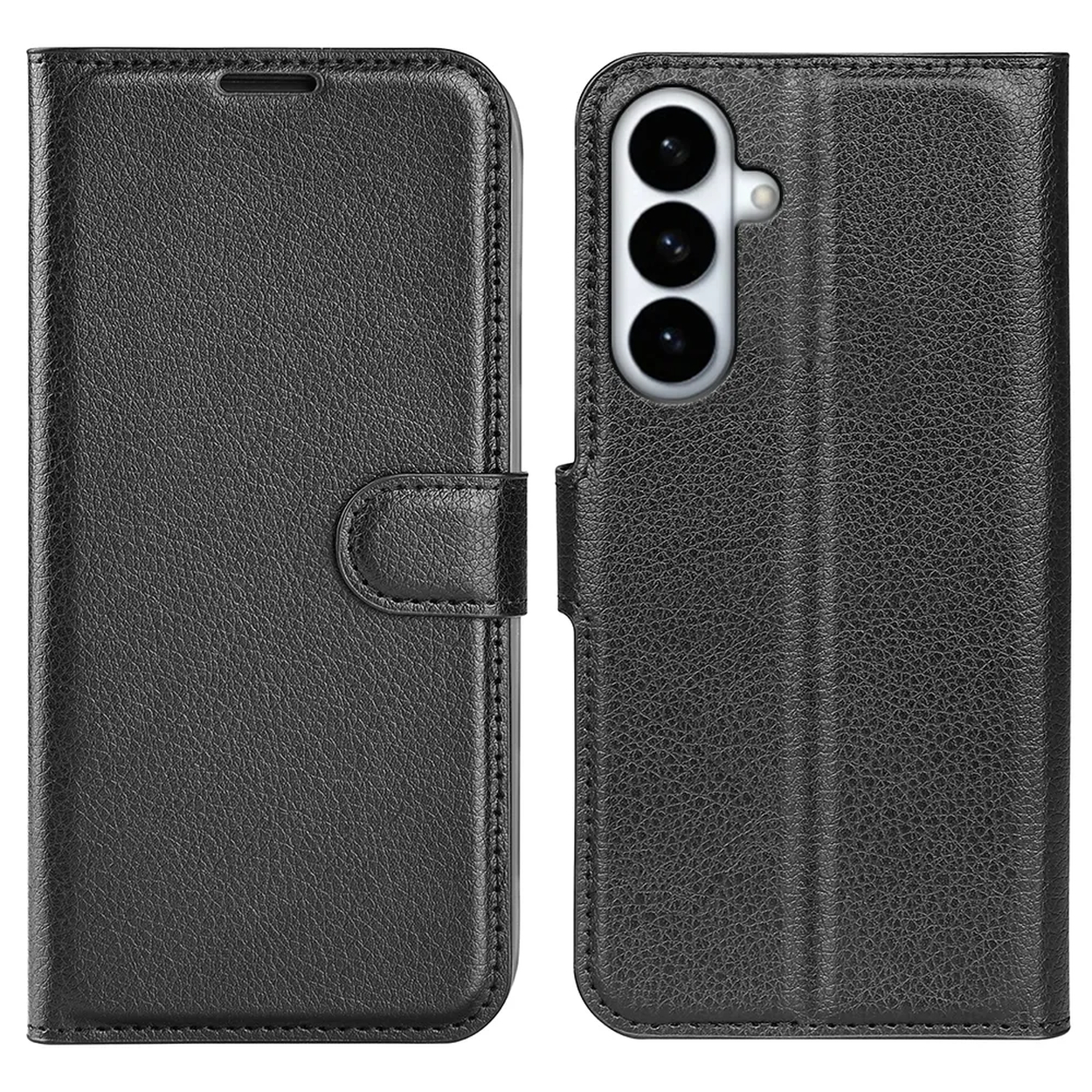 Zwarte leren telefoonhoes met drievoudige camera-uitsparing en magneetsluiting.