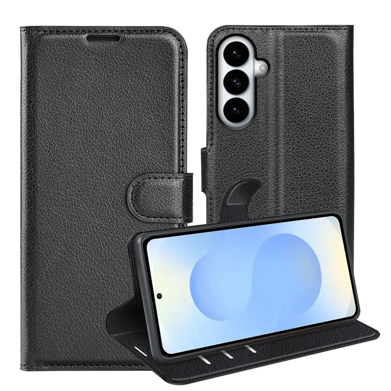 Zwarte leren flipcase voor een rechtopstaande smartphone.