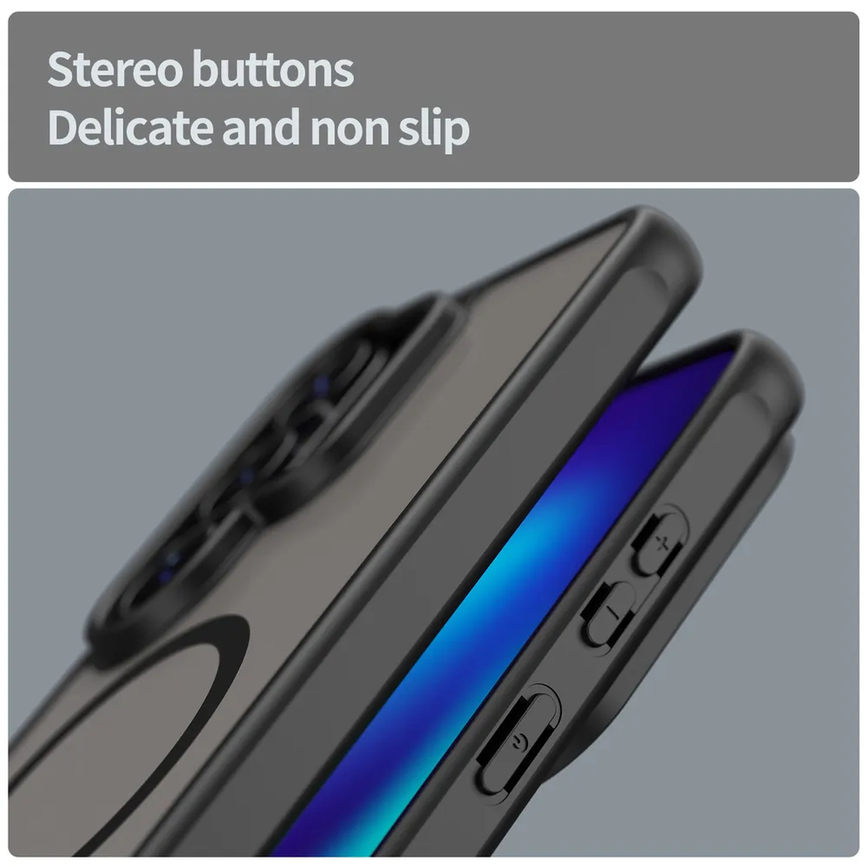Nahaufnahme einer schwarzen Handyhülle mit Lautstärketasten und einem Power-Button.