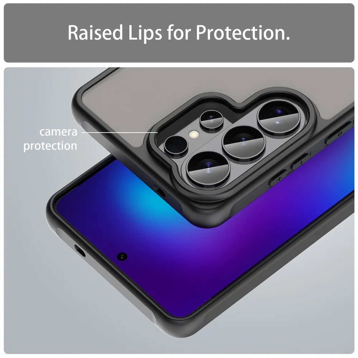 Schwarze Handyhülle mit Kameraschutz auf einem Smartphone mit blau-violetter Anzeige.