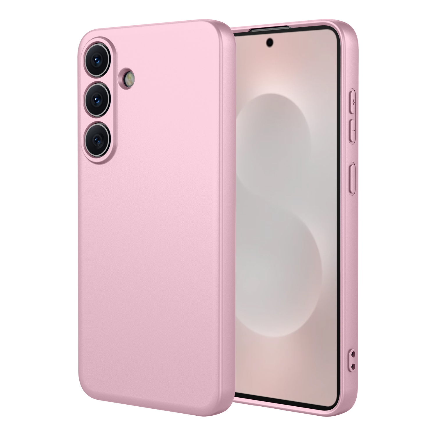 Een roze telefoonhoes met drie camera's en een smartphone.