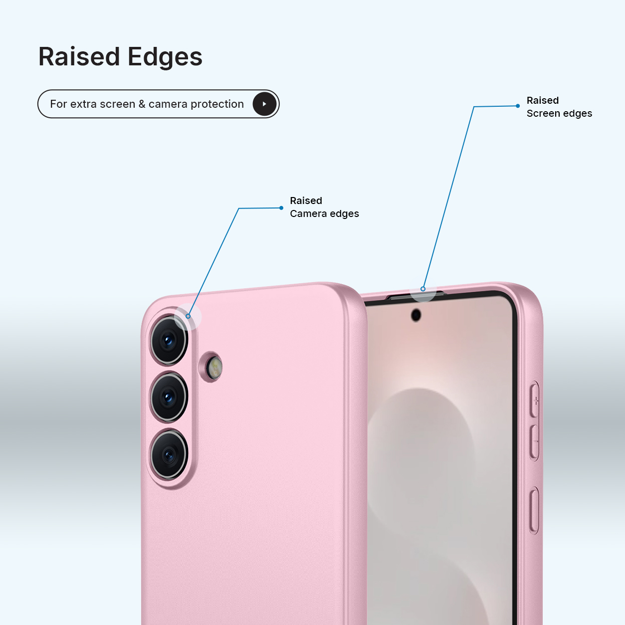 Een roze telefoonhoes met verhoogde randen voor camera- en schermbescherming.