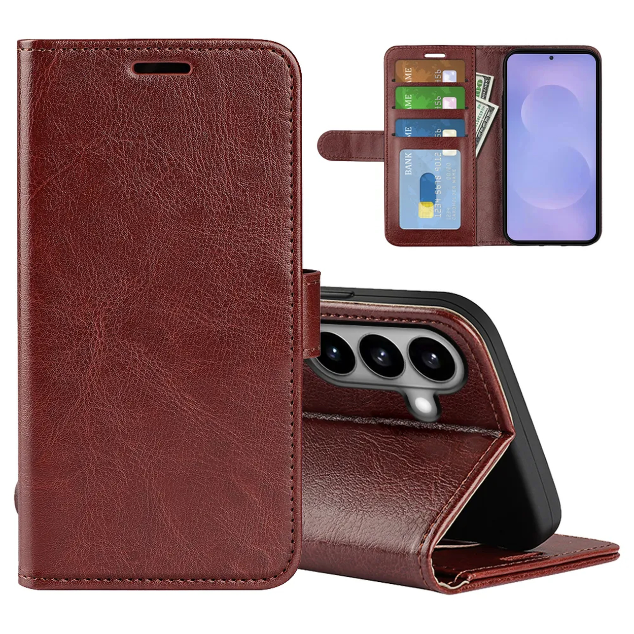 Étui de téléphone en cuir marron avec fentes pour cartes et poche.