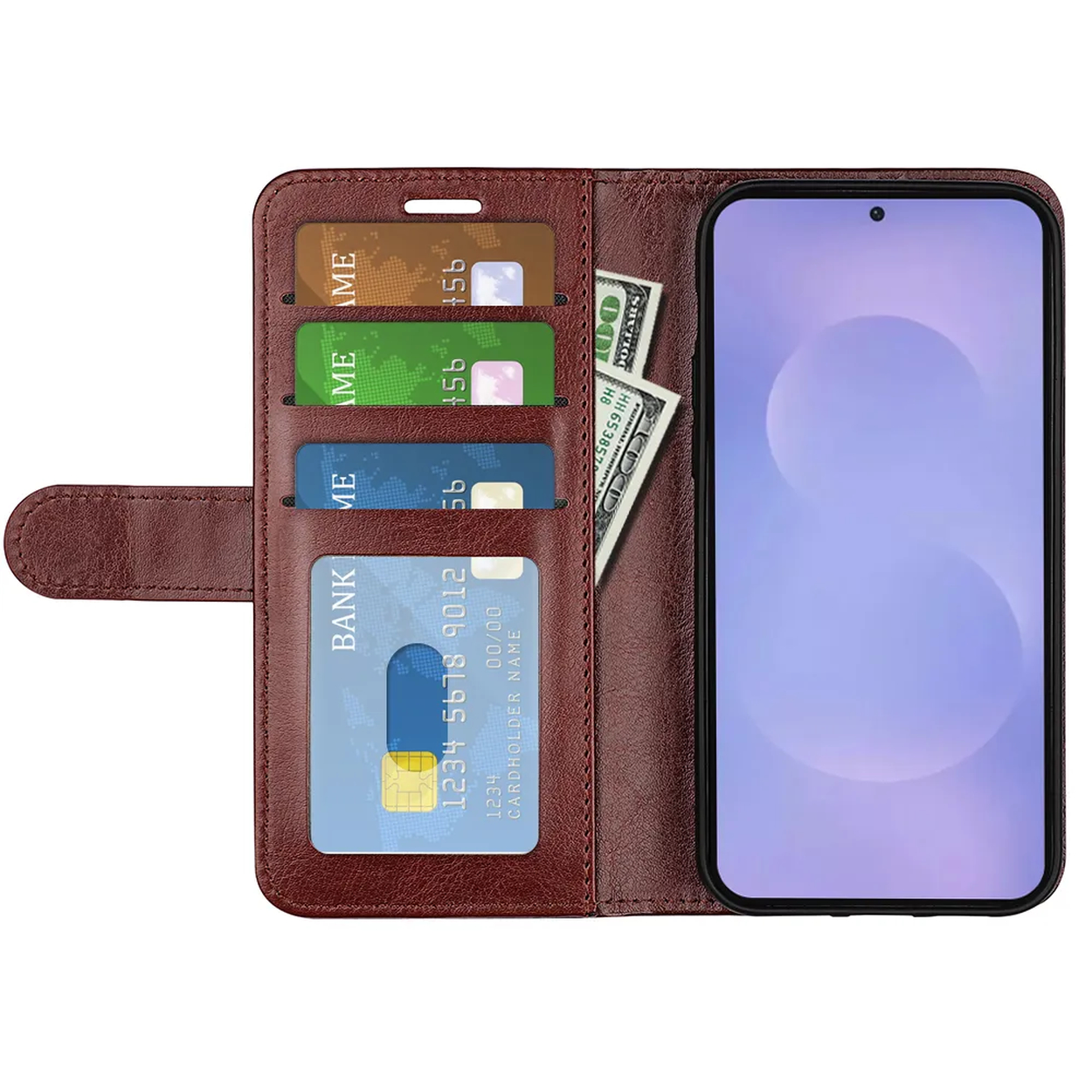 Portefeuille marron avec fentes pour cartes, billets et un smartphone.