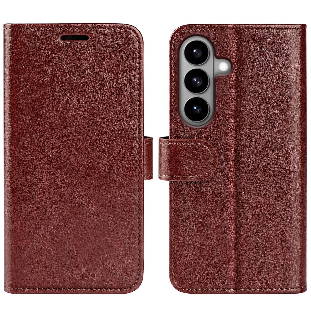 Étui à rabat en cuir marron pour smartphone, montrant un appareil photo sur un côté.