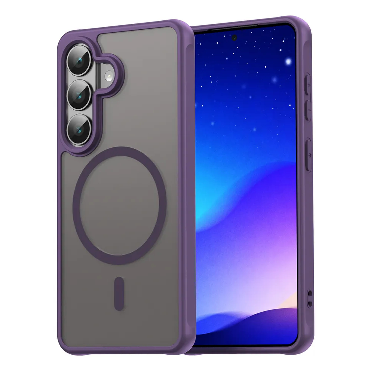 Coque de téléphone violette avec dos transparent et anneau magnétique.
