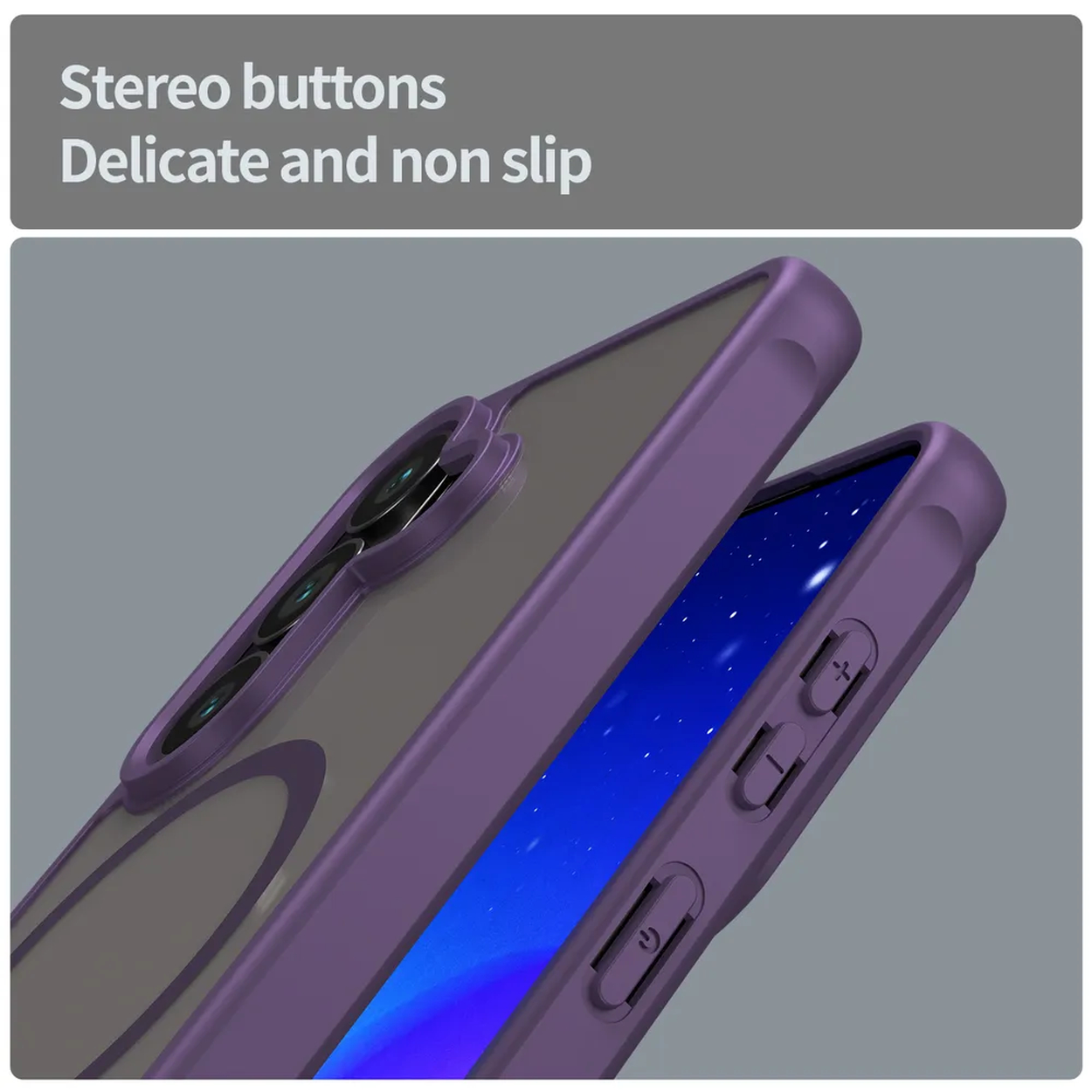 Coque de téléphone violette avec trois caméras arrière et boutons latéraux.