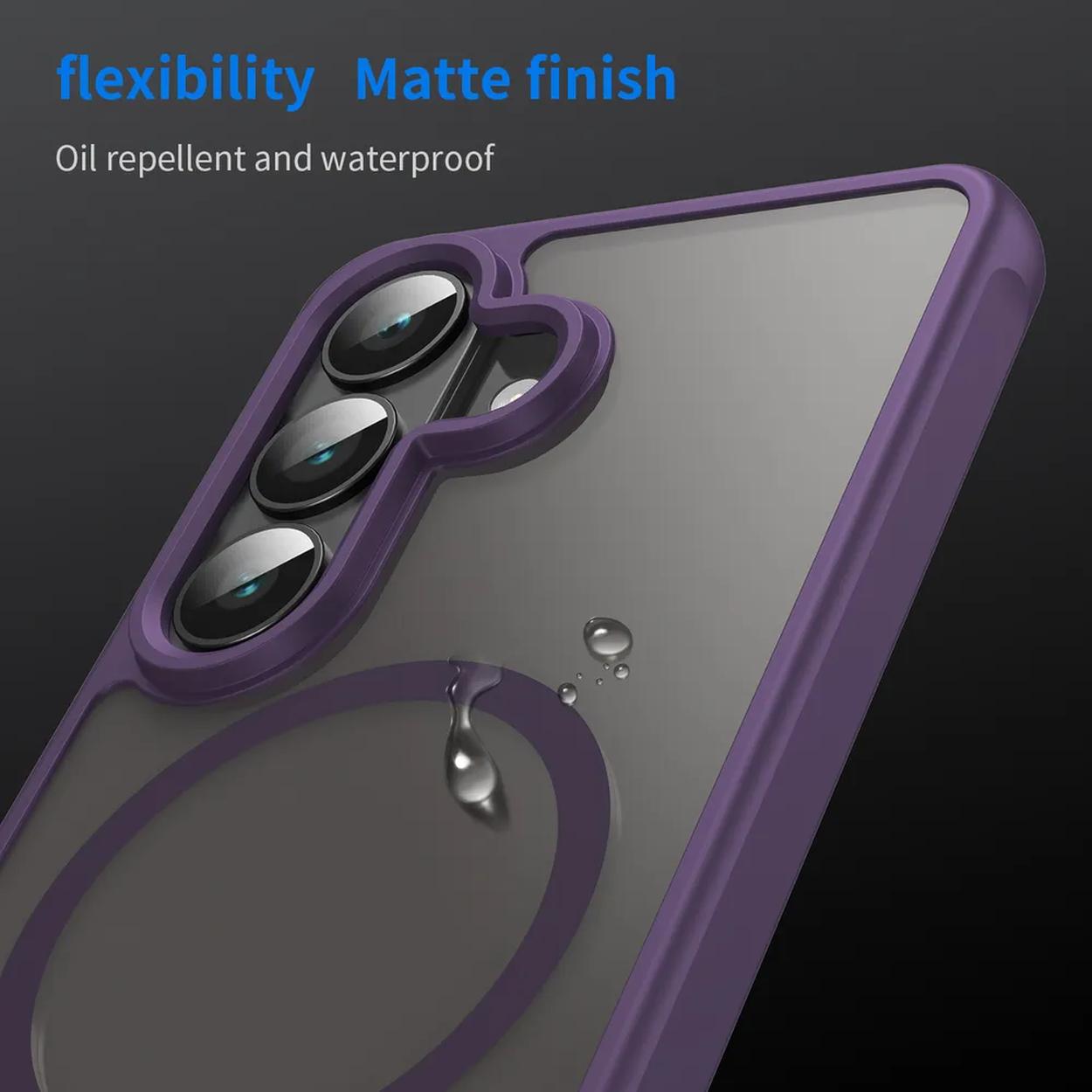 Coque violette pour téléphone avec trois objectifs et gouttes d'eau.