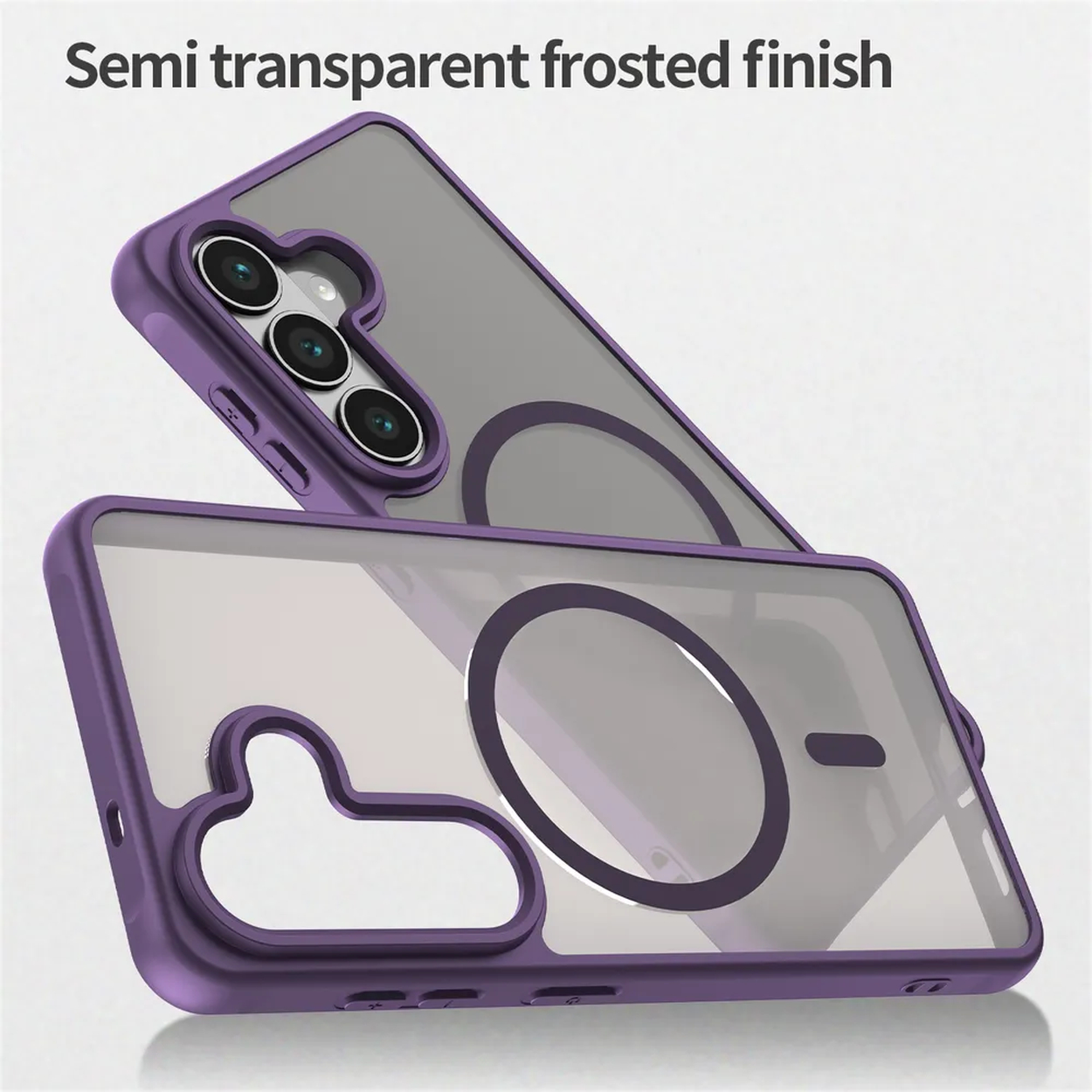 Coque de téléphone violette avec dos transparent et anneau magnétique.