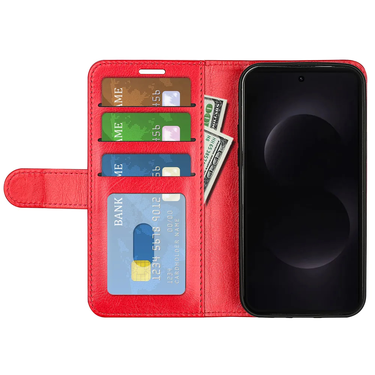 Rode telefoonhoes met kaartsleuven met creditcards en contant geld.