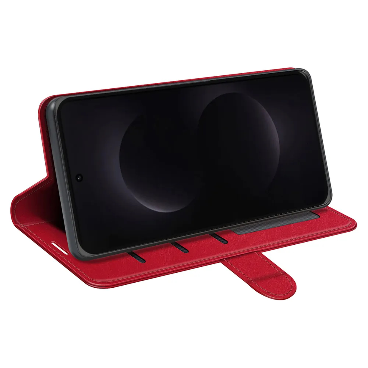 Rood leren flipcase met een smartphone in landschapsmodus op witte achtergrond.