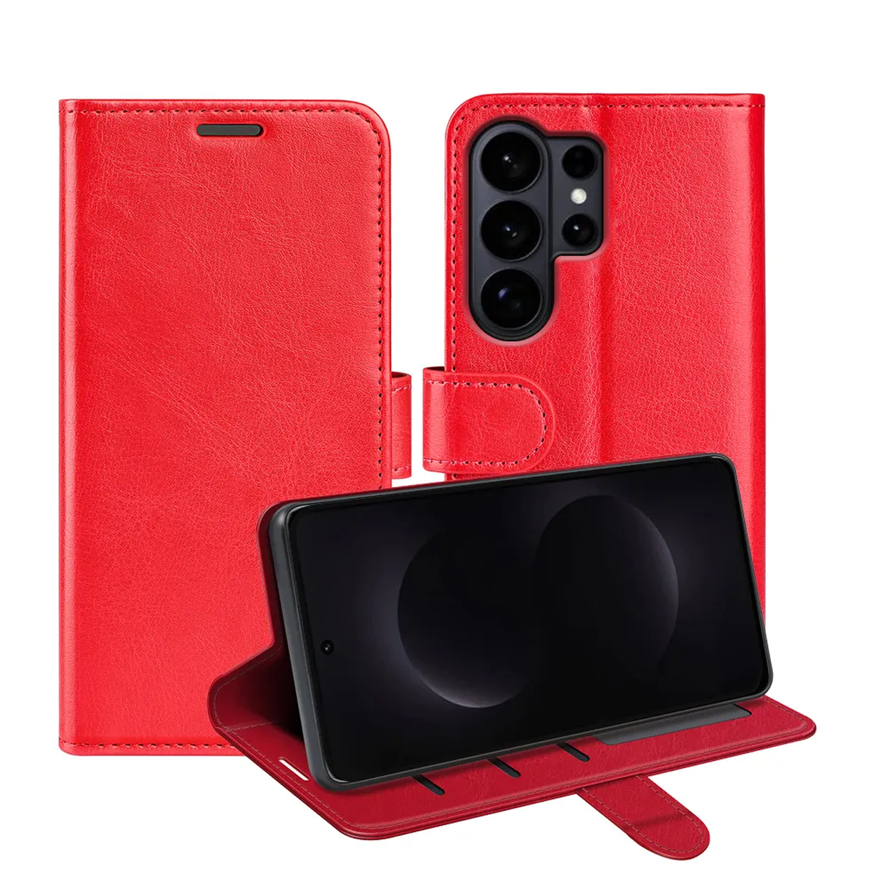 Rode flip telefoonhoes met camerasysteem en smartphone.