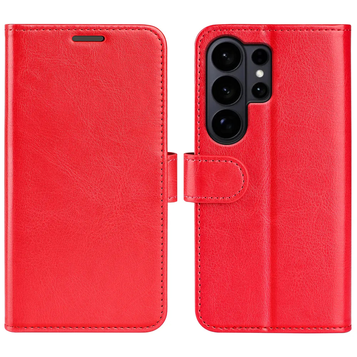 Rode lederen telefoonhoes met camera-uitsparing en magneetsluiting.