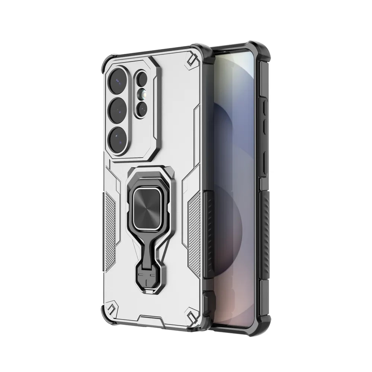 Coque de téléphone argentée avec anneau porte-bagues et module caméra.